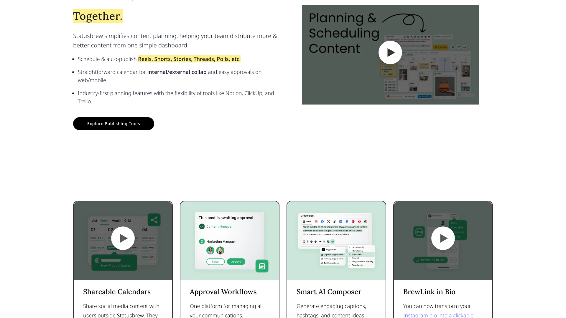 Features section on homepage emphasizing social media management tools