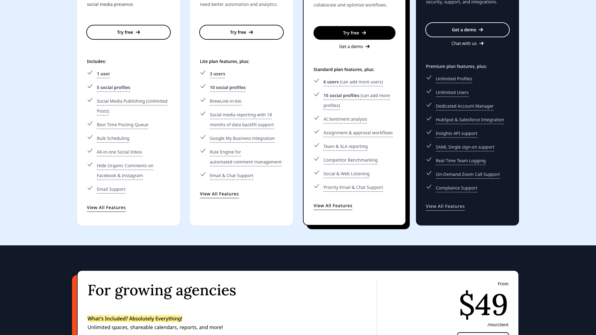 Pricing page outlining the cost-effectiveness of Statusbrew