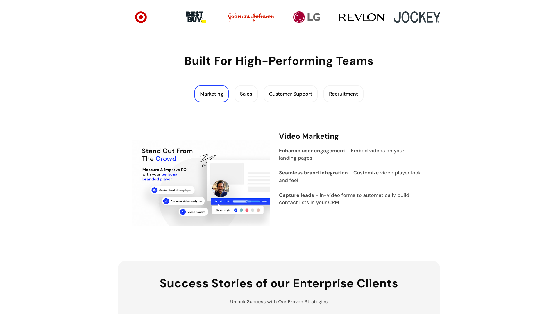 Features section on homepage highlighting video hosting and analytics