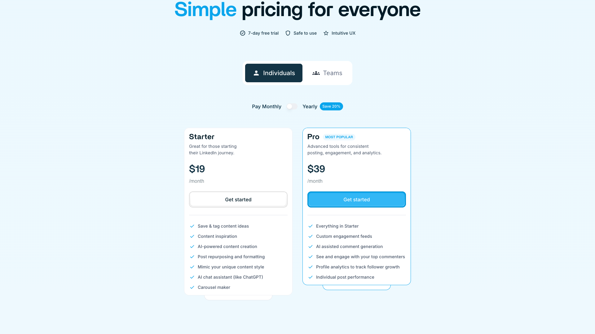 Pricing page displaying subscription options