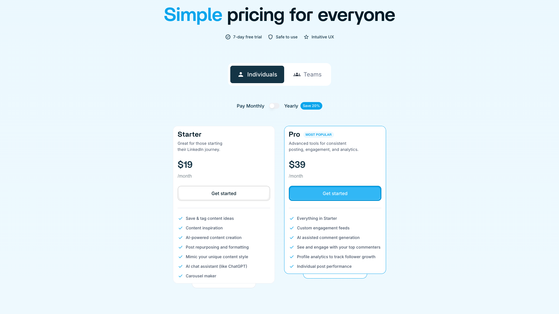 Pricing page showing different plans and features
