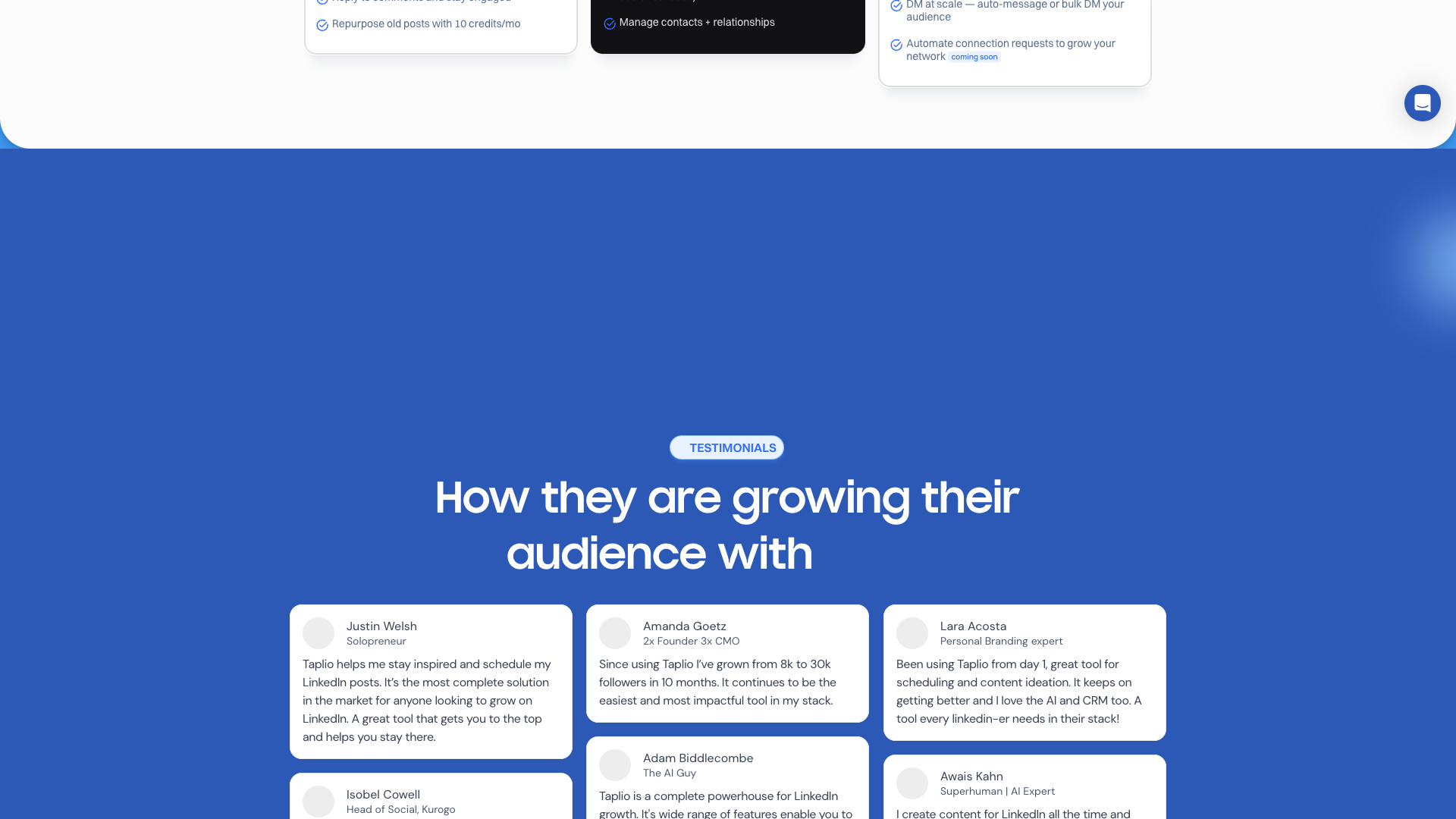 Pricing page showcasing testimonials and plans