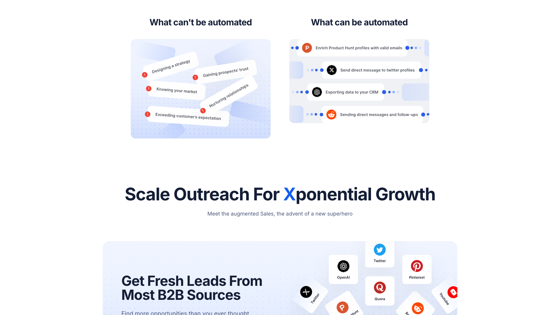 Key features section on TexAu homepage highlighting lead extraction and AI-powered personalization