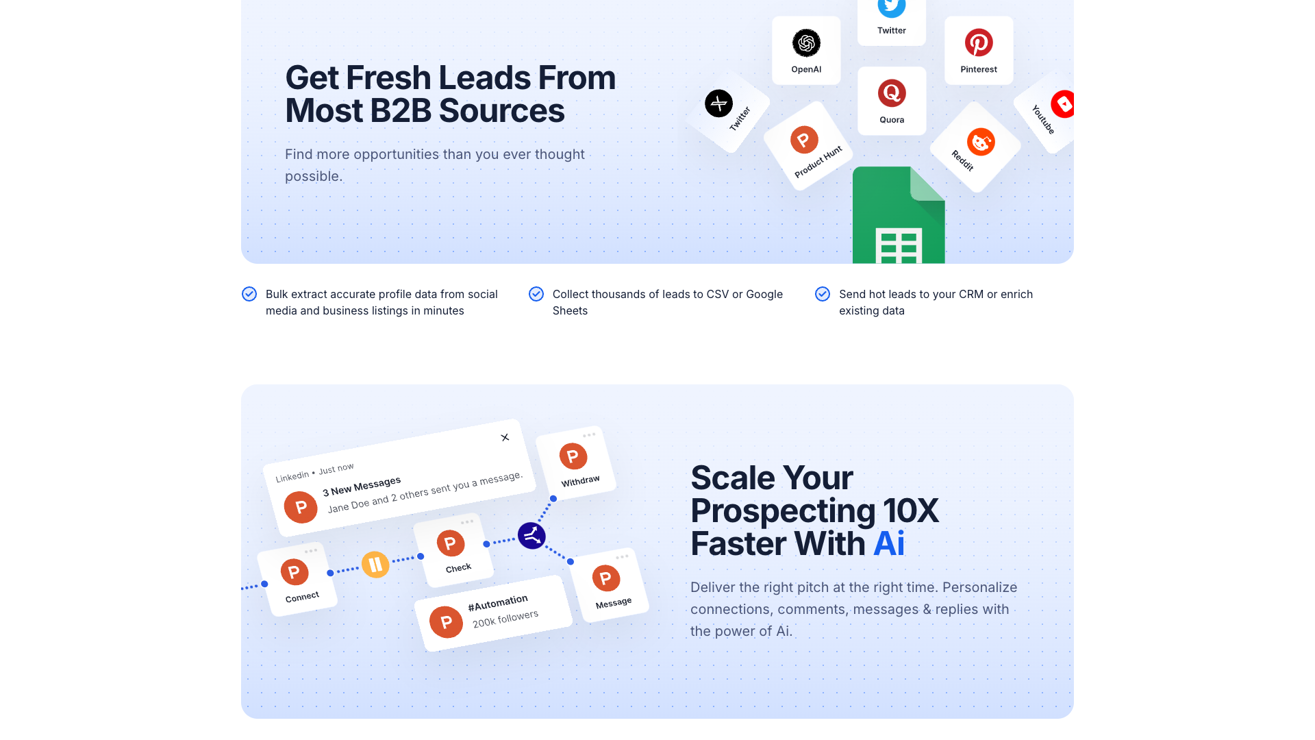 Team management and analytics features section on TexAu homepage