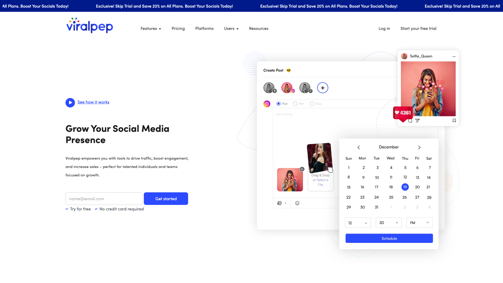 Features section highlighting social media management capabilities