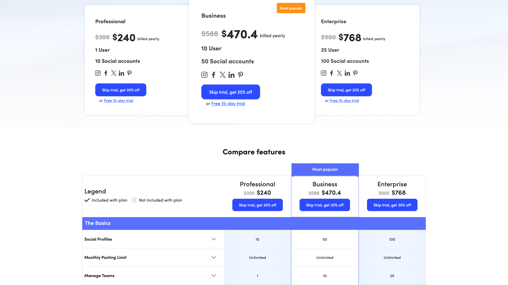 Pricing page showing different plans available