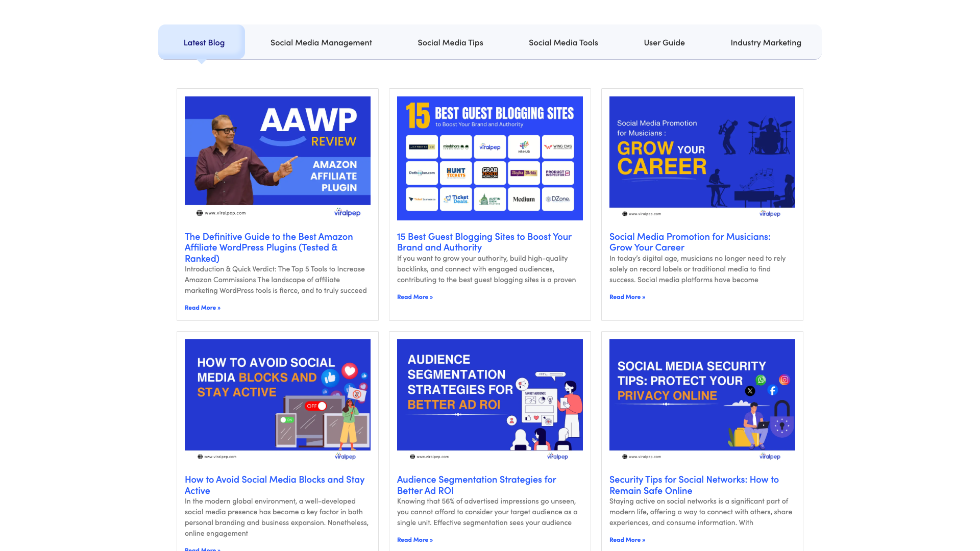 Blog page featuring articles related to social media management and analytics