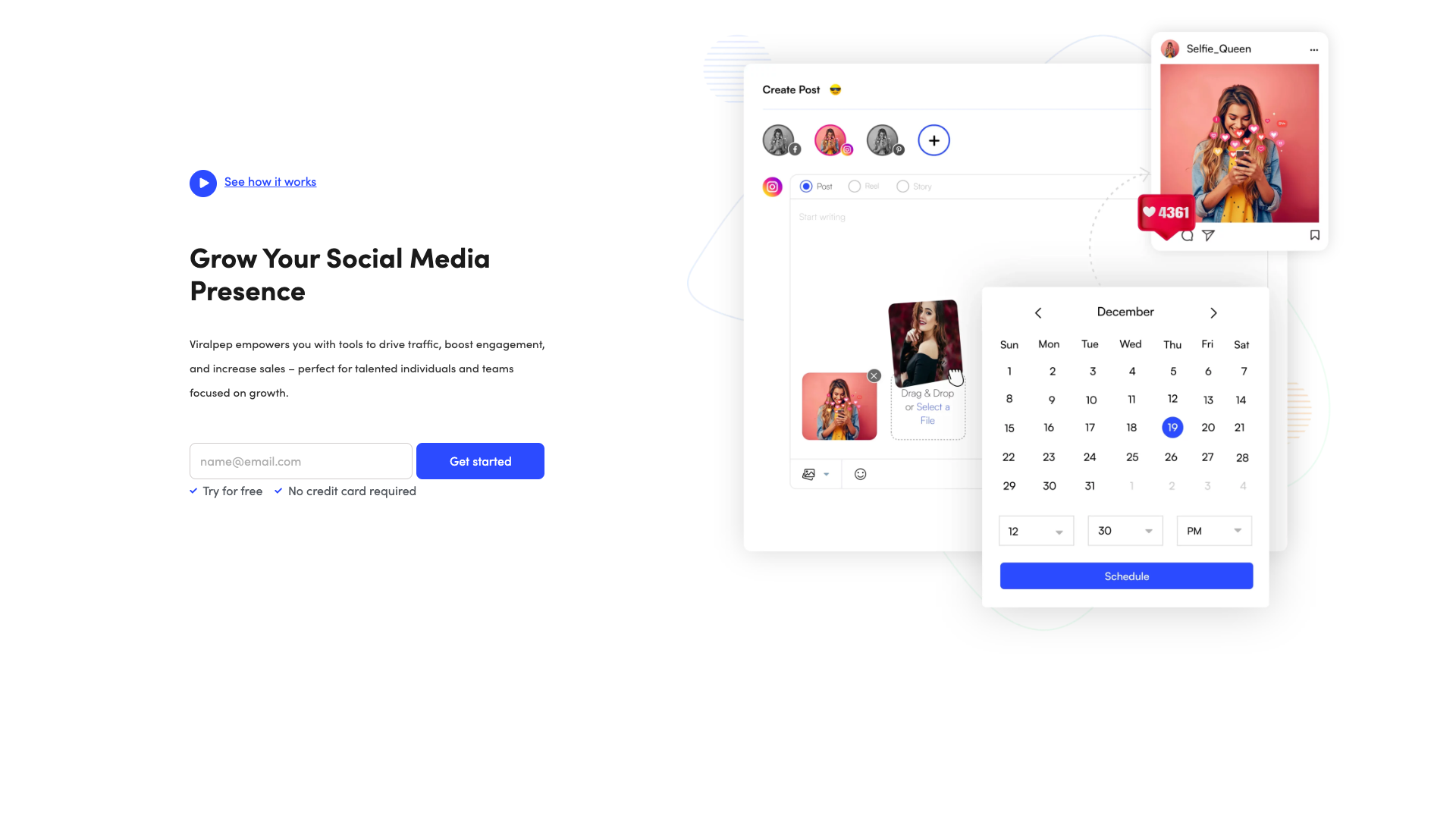 Features section on homepage highlighting social media management tools