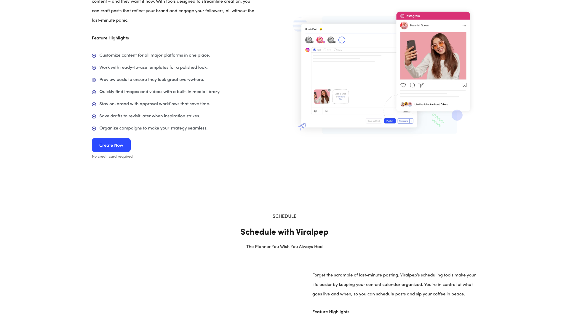 Features page highlighting scheduling and analytics capabilities