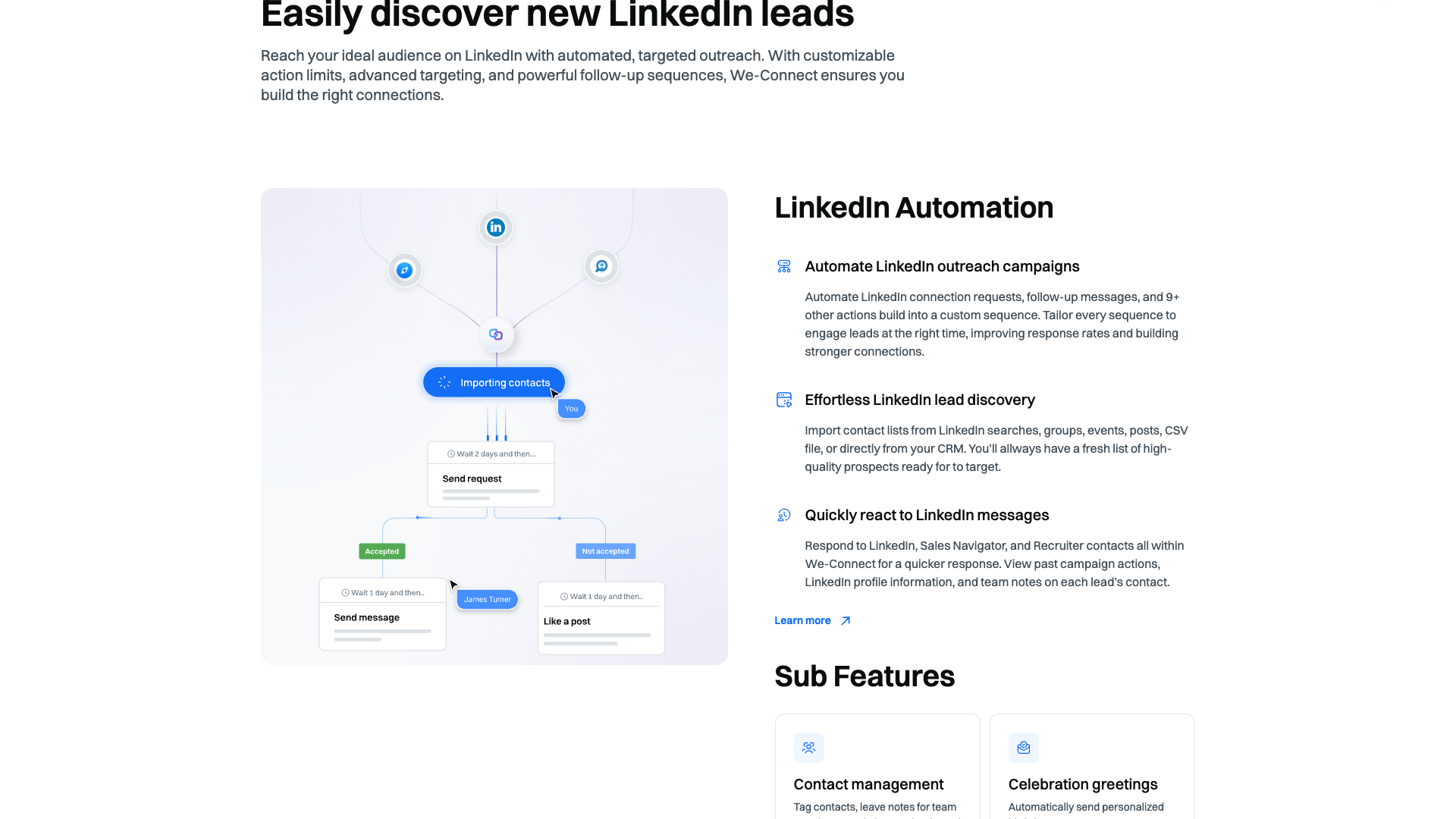 Features section detailing automated, behavior-based LinkedIn outreach