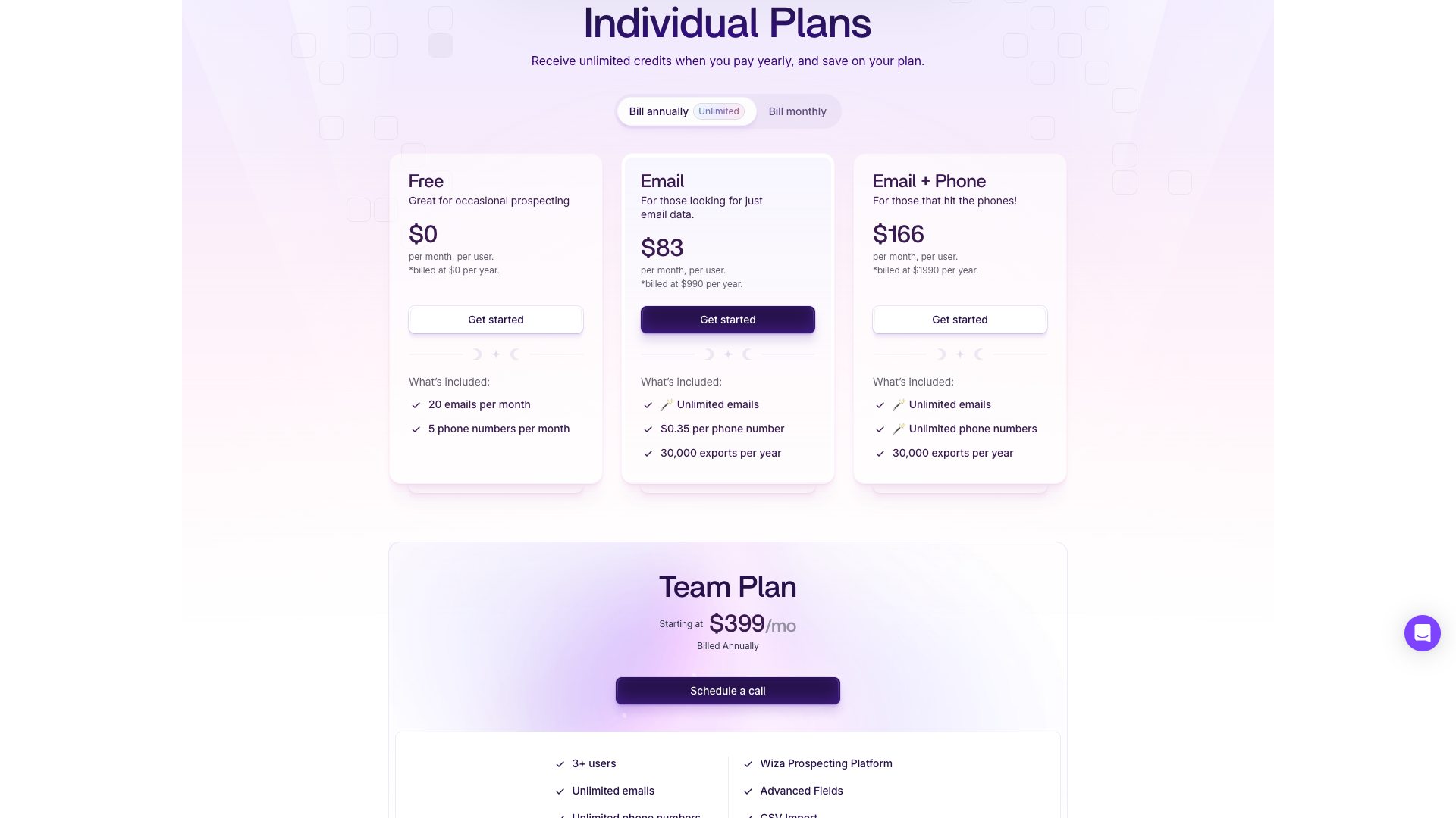 Pricing table showing plans
