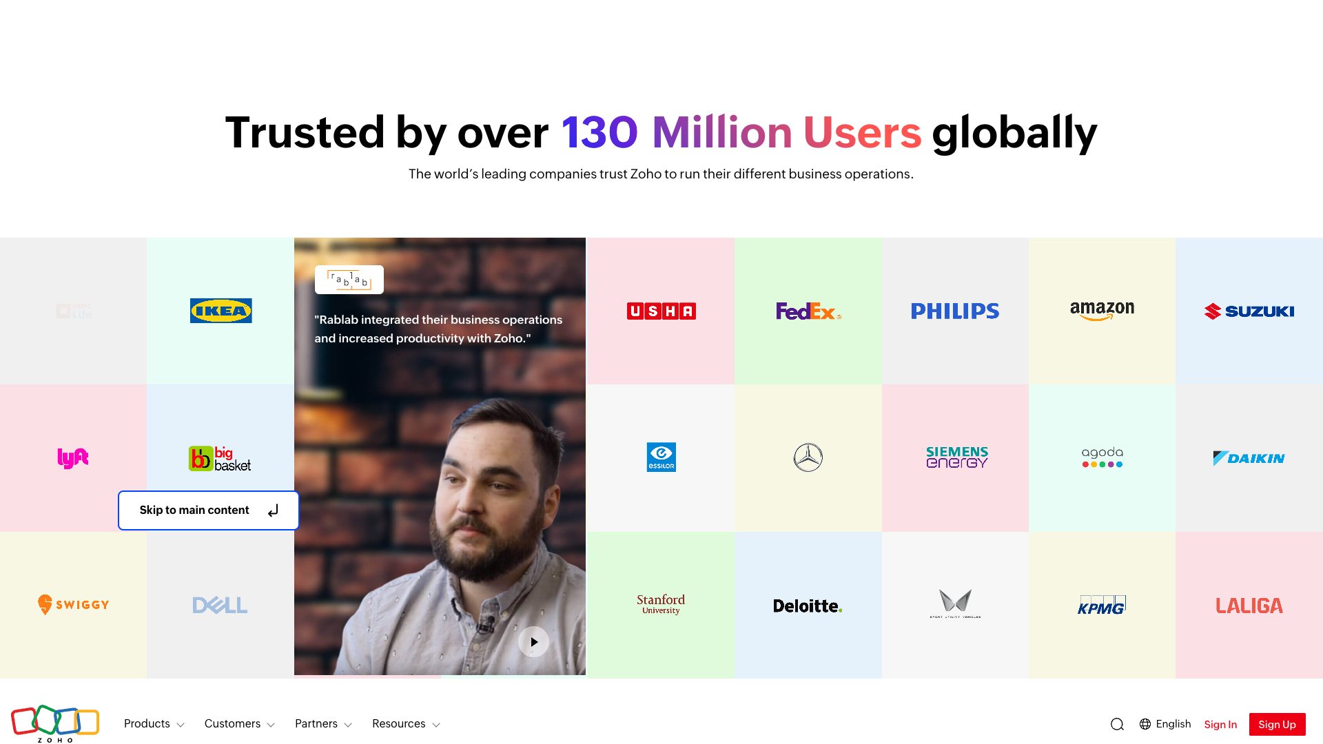 Customer success stories showcasing various brands using Zoho