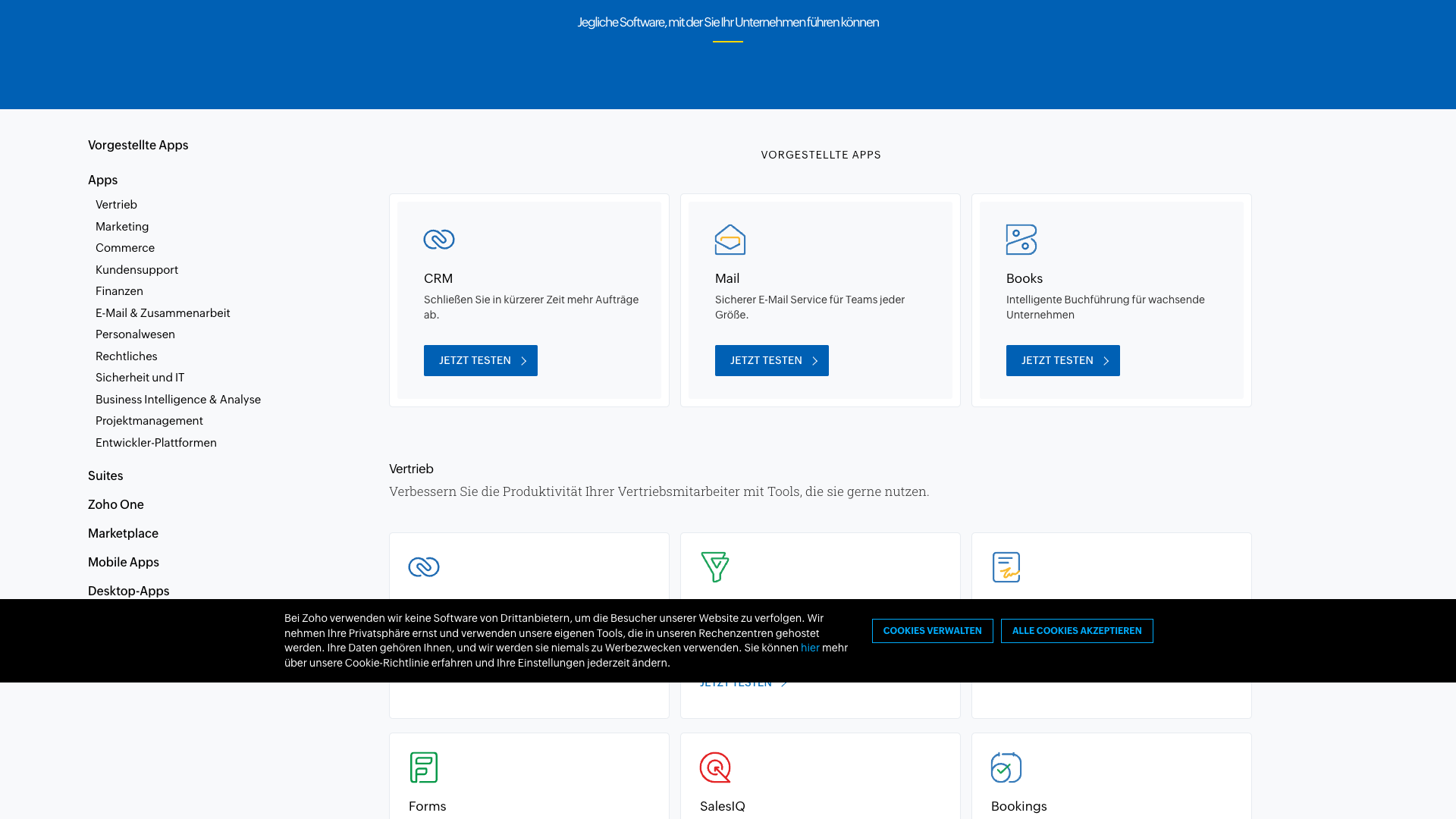 All Products page showcasing Zoho's various applications and categories