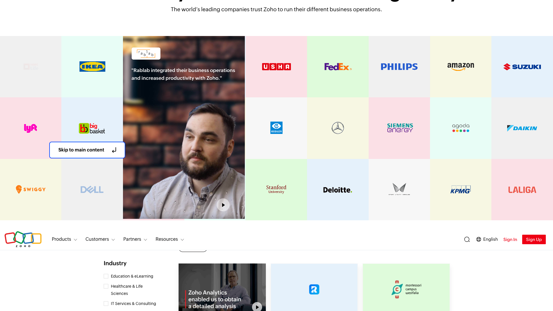 Customer testimonials showcasing Zoho's user base