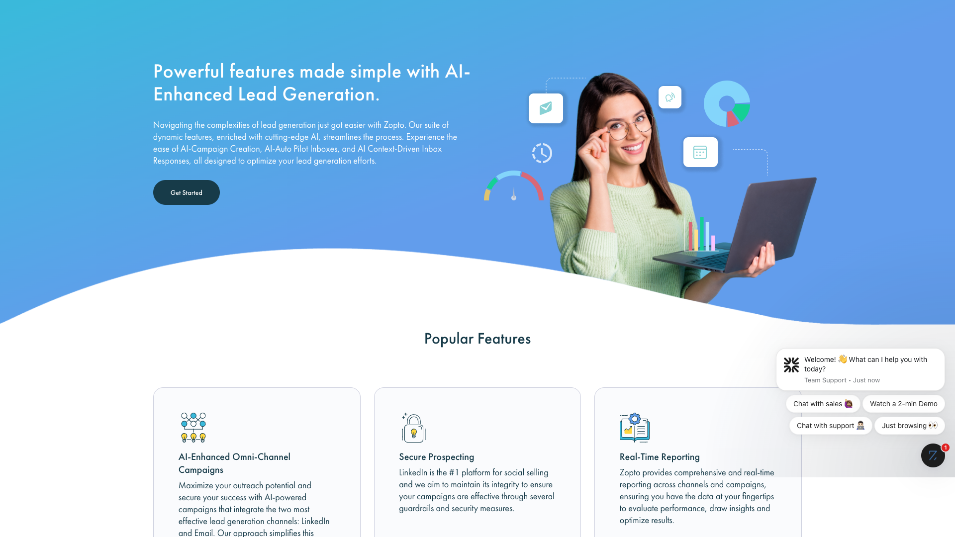 Features page highlighting AI-enhanced omni-channel outreach capabilities