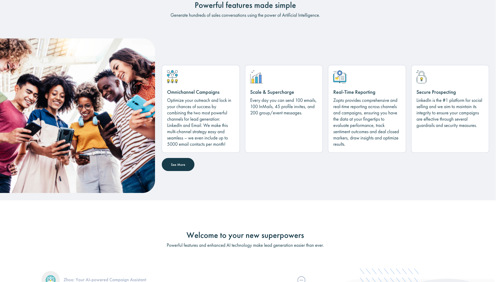 Features section showcasing Boolean search capabilities and campaign automation