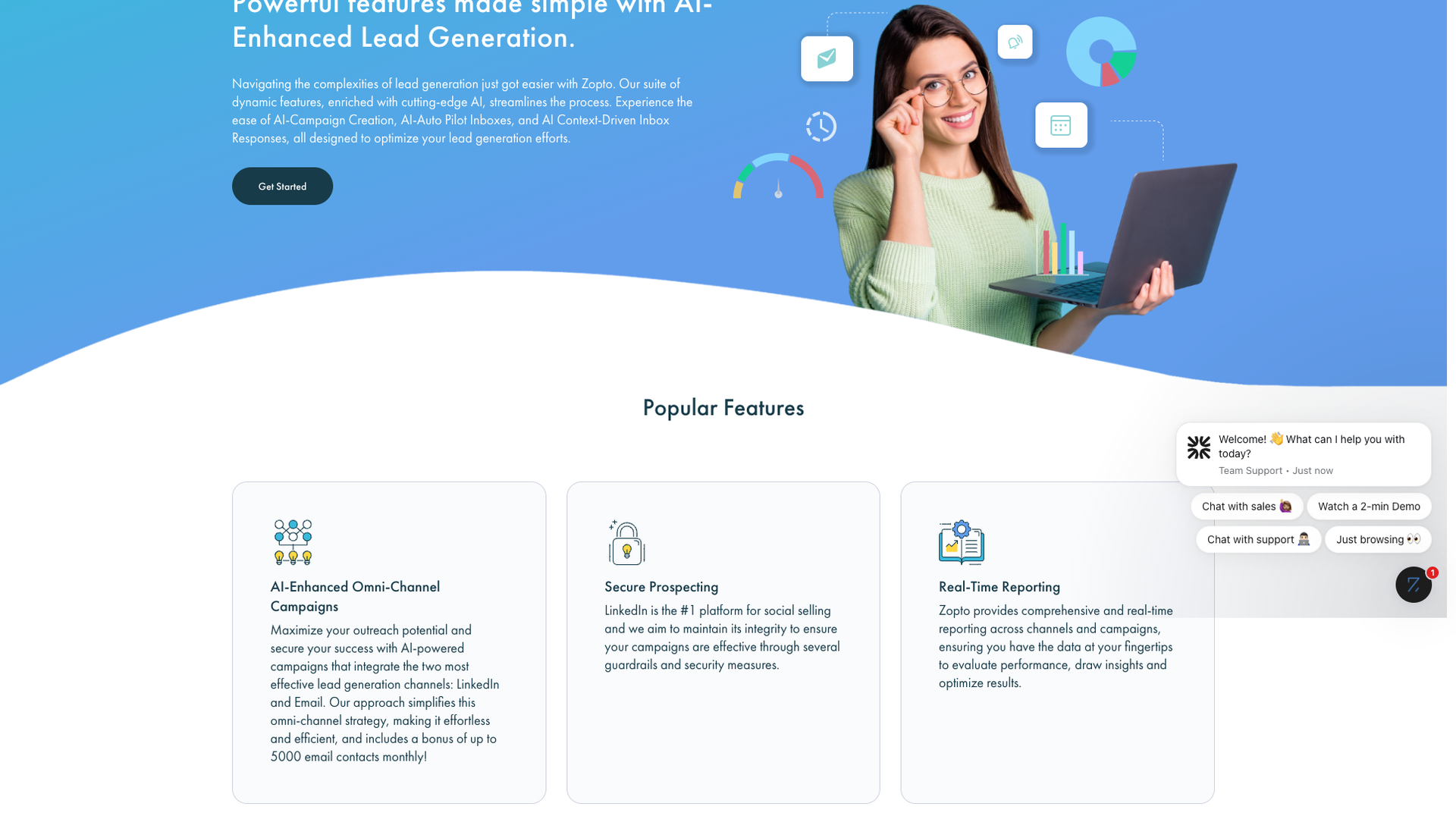 Features page detailing Zopto's capabilities